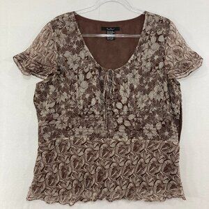Vintage ECI New York Top size XL Brown Floral Feminine Pure Silk Baby-doll Y2K